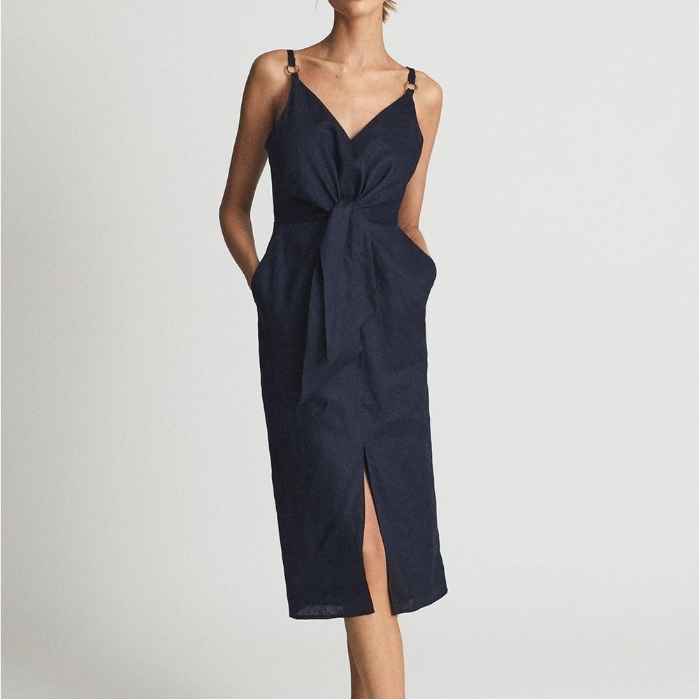 Reiss Navy Knot-Front Midi Dress